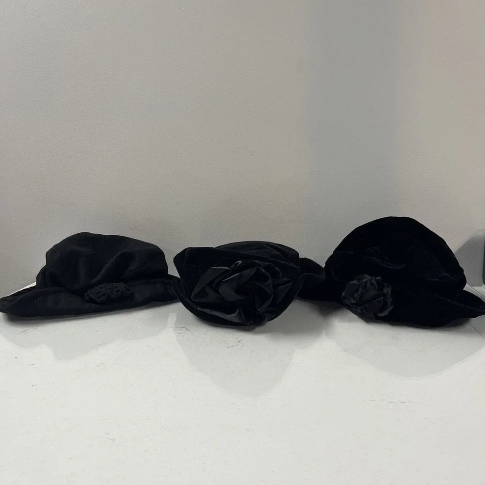 VTG Wmn's LOT 3x Bucket Hat Floral Details Black Fedora/Safari Hat 2 NEW 1 Used